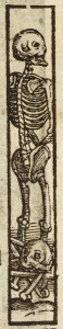 A skeleton stands behind a pile of bones.  Detail from Josuah Sylvester, Lachrymae lachryma[rum], or, the spirit of teares distilled for the vn-tymely death of the incomparable Prince, Panaretus (London, 1613), Keynes.B.5.6, sig. A2.