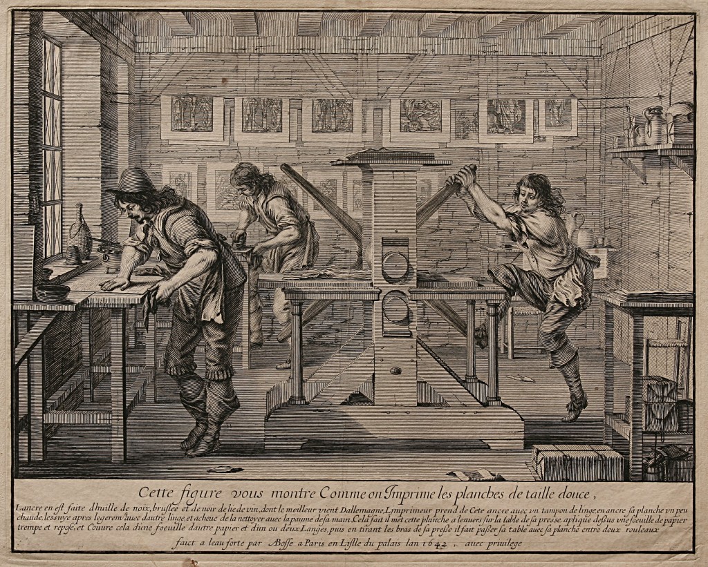 Three workmen inking (at the back), wiping (to the left) and pulling an impression from an intaglio (Abraham Bosse, 1642)