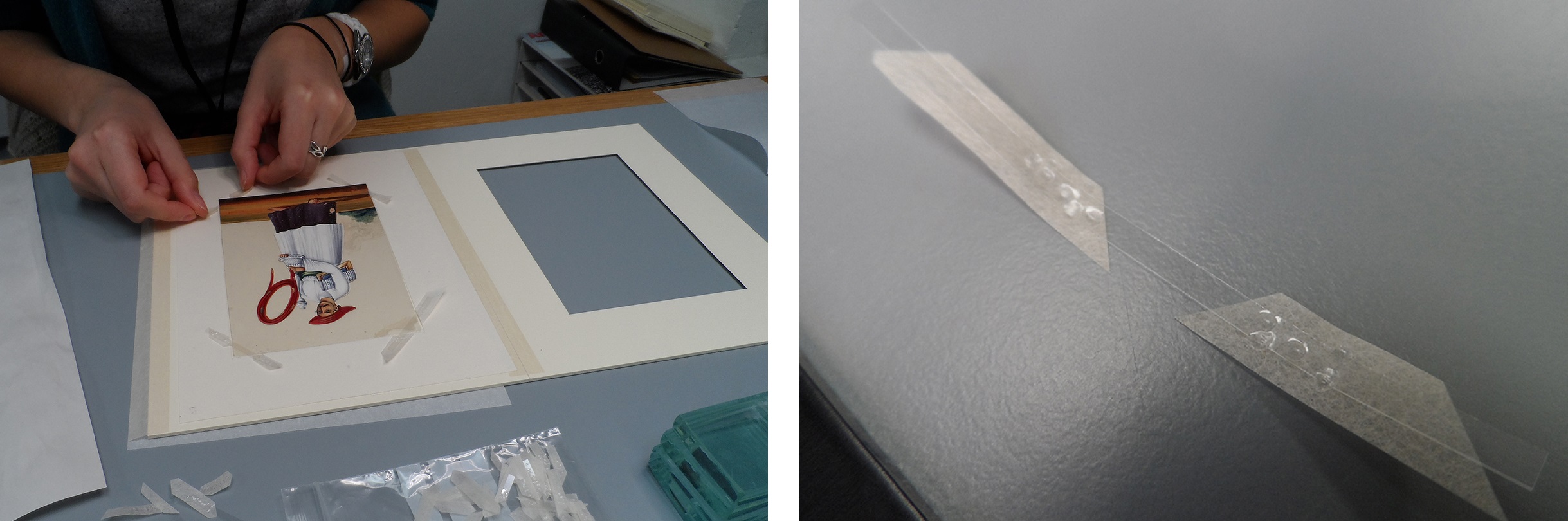 (L) Adhering restraining strips recess over the corners of the mica painting (R) Detail of a finished polyethylene and Japanese tissue strip