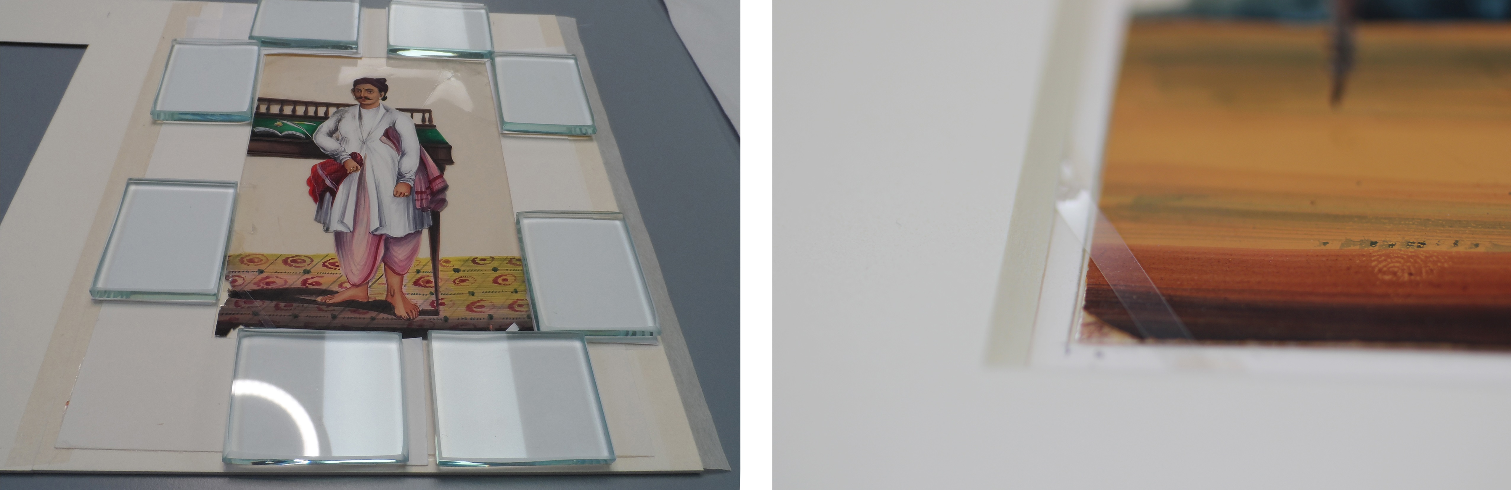 (L) Drying the tissue end of the strips under blotting paper and glass weights (R) Detail of a polyethylene strip over the mica and under the window mount