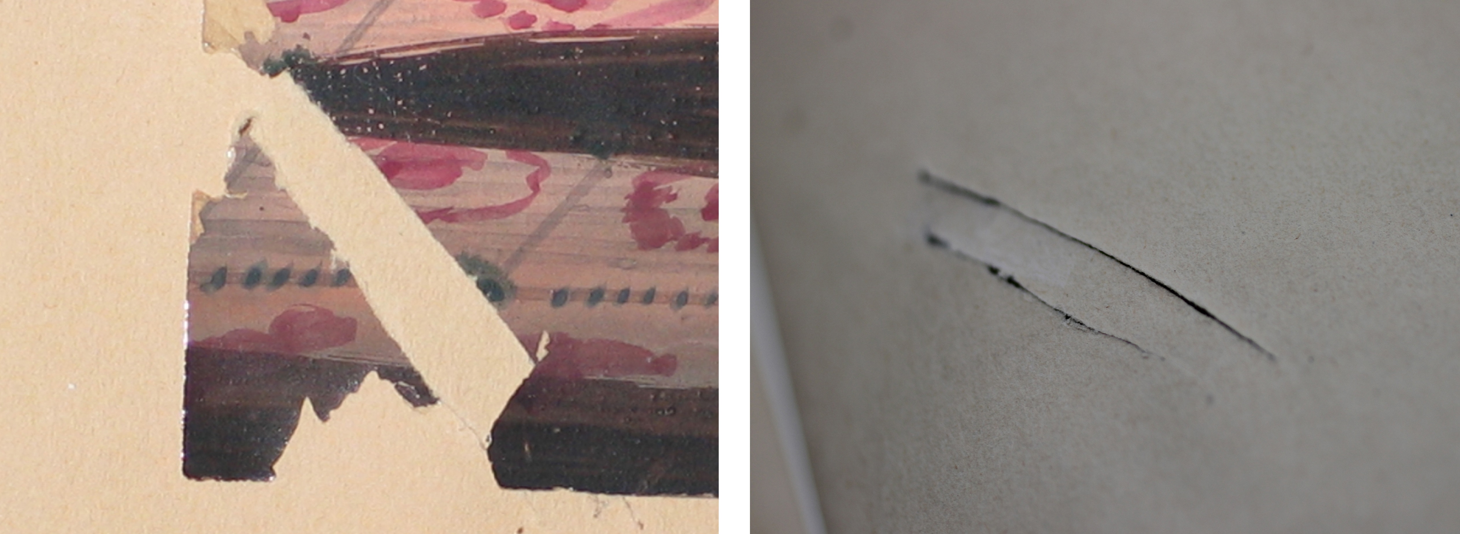 (L) Detail of corner damage caused by paper slits (R) Detail of paper slit in album page
