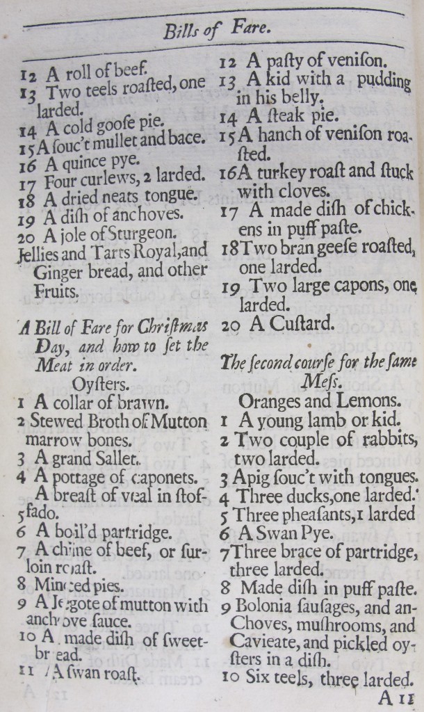 A 'bill of fare' for Christmas Day, given in 'The accomplisht cook, or the art and mystery of cookery' (1685)