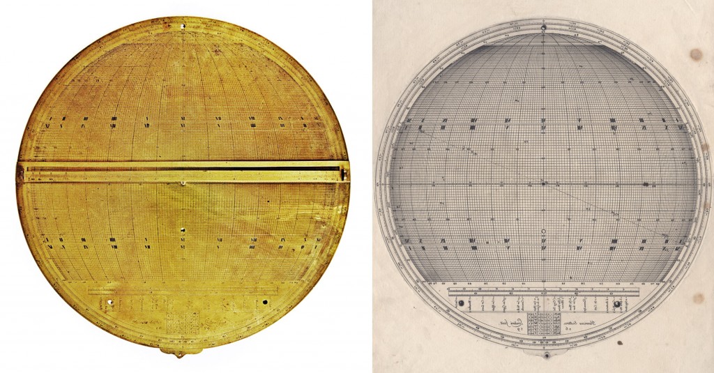 Astrolabe by Henry Sutton, dated 1659, and the reversed print made directly from it. Images © the Museum of the History of Science, Oxford, inv. nos. 51786, 56420.