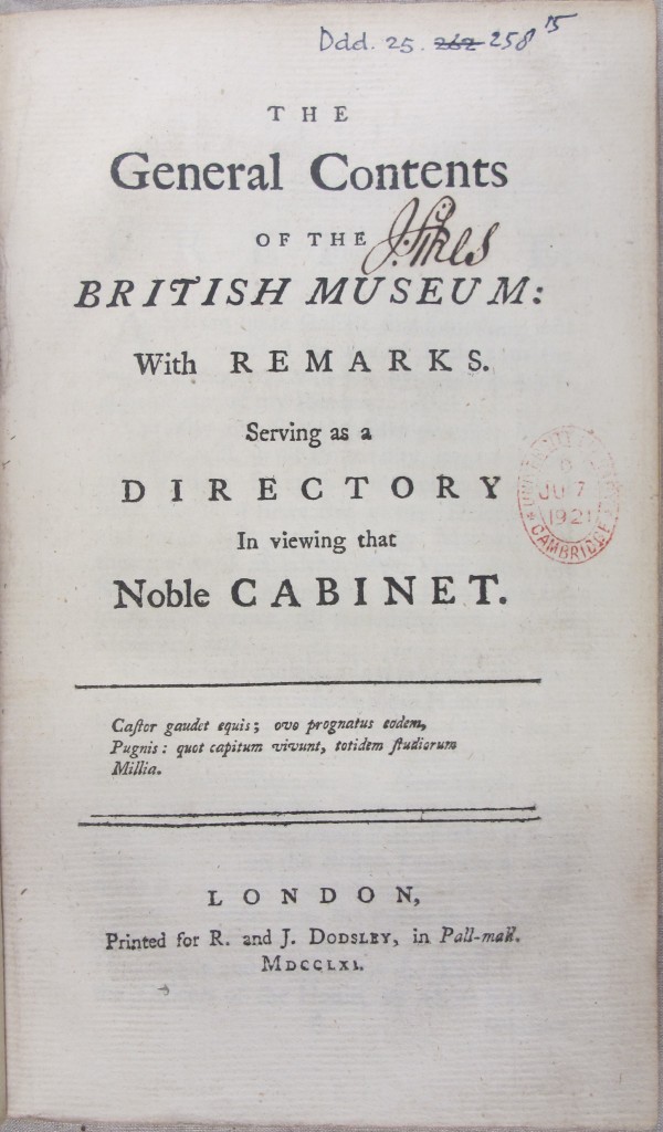 General contents of the British Museum (1761), Ddd.25.258(15)