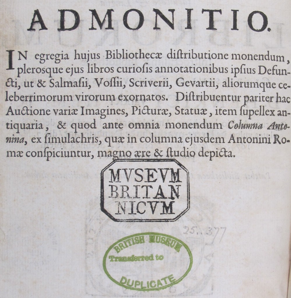 Stamps to the title page verso of Bibliotheca Hemmiana (1674), Ggg.155
