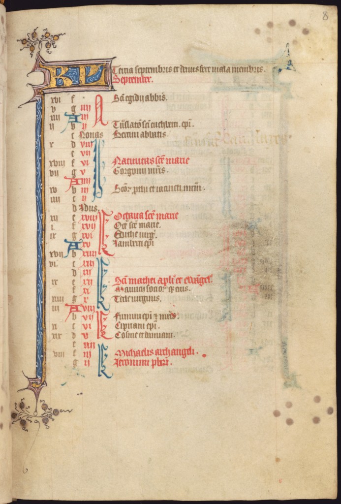 Calendar page for September (Flanders, Bruges; 1st quarter of the 15th century), MS Ff.6.8, f. 8r