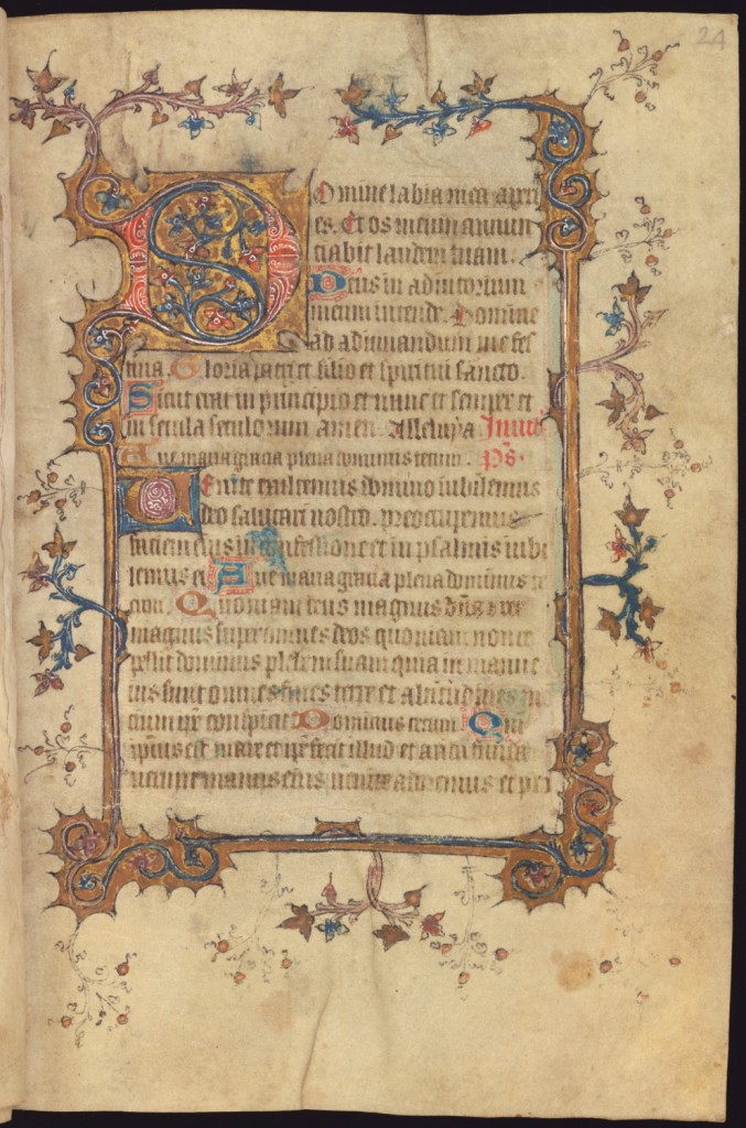 Opening of the Hours of the Virgin (Matins), with coloured initial D on gold ground, with four-sided frame of cusped burnished gold, purple and blue bars with short ivy leaf scrolls and gold studded black sprays, MS Ff.6.8, f. 24r