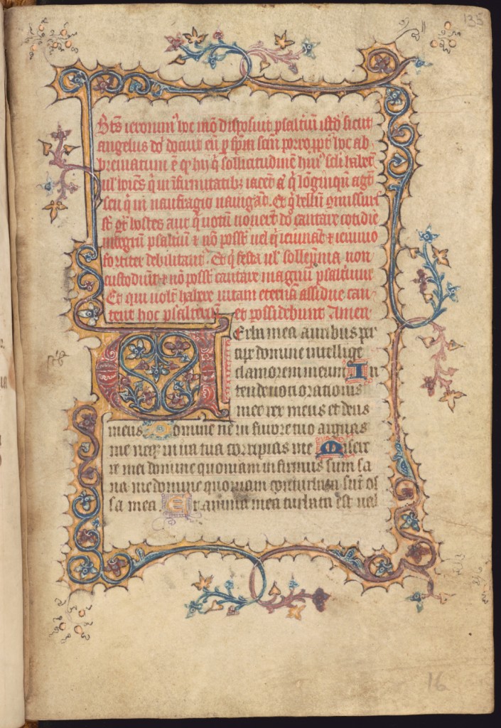 Opening of the Psalter of St Jerome, with coloured initial U on gold ground, with four-sided frame of cusped burnished gold, purple and blue bars with short ivy leaf scrolls and gold studded black sprays, MS Ff.6.8, f. 135r