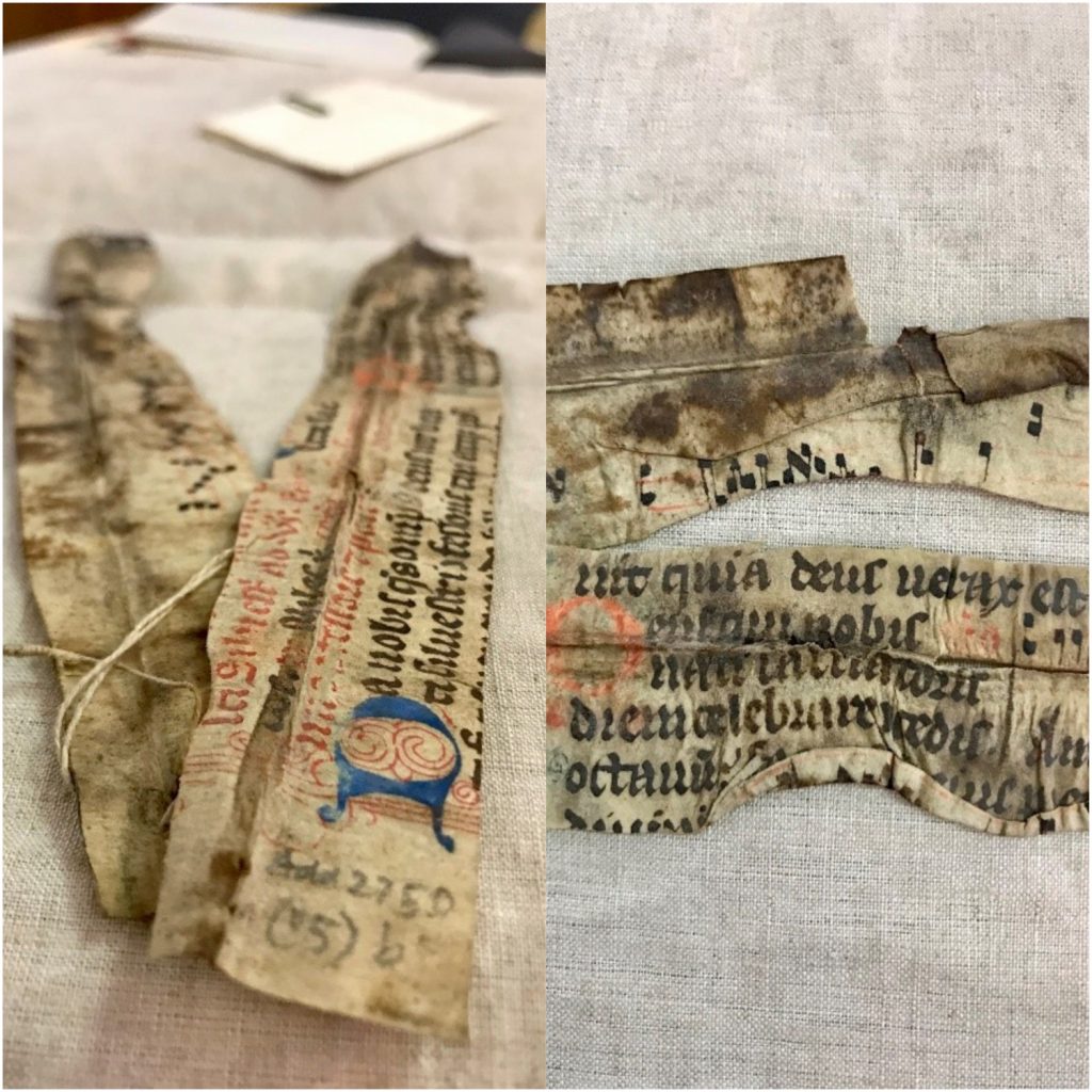 Two views of MS Add. 2750 (15), a liturgical fragment, showing damage, change, and additions to the manuscript made during its use in a binding.