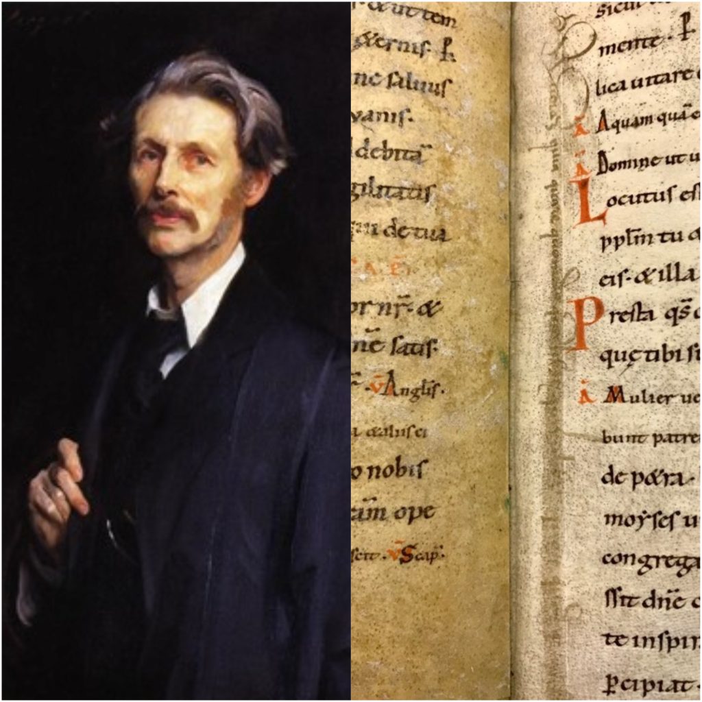 Francis Jenkinson (1853-1923, Librarian 1889-1923) as painted by John Singer Sargent in 1915, and a detail from one of the fragments he bequeathed to the library, MS Add. 3846, 8 leaves from an 11th-century English breviary.