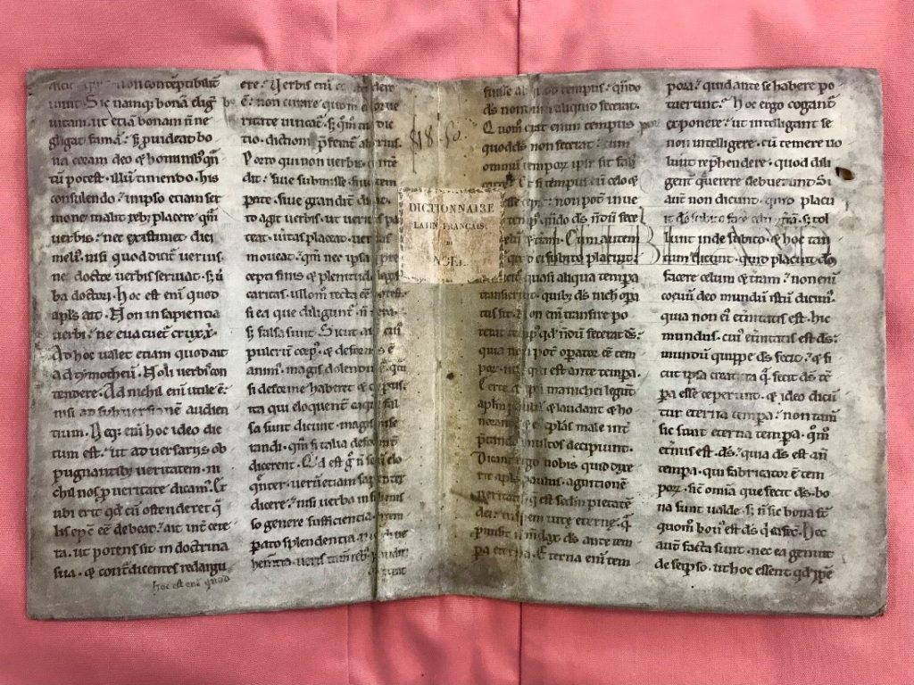MS Add. 4406 (44), a bifolium from a 12th-century copy of the works of St Augustine later used as a binding for what appears to be a 19th-century Latin-French dictionary, and inscribed by former owner I.H. Bland.