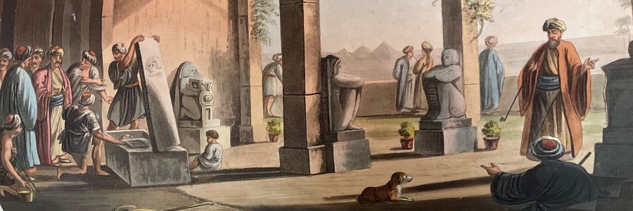 Egyptian antiquities ..in a country house in Bulac From Views in Egypt by Luigi Mayer. 1801.