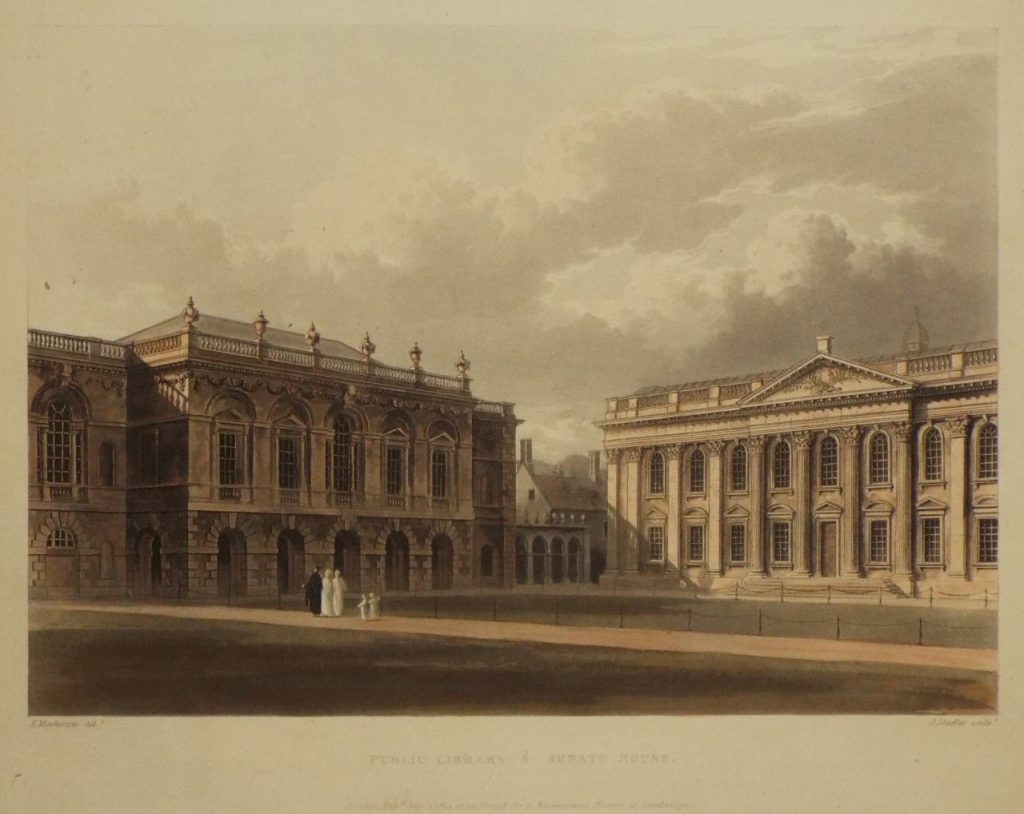 Etching of the University Library and Senate House in Cambridge in 1814 by  Ackermann