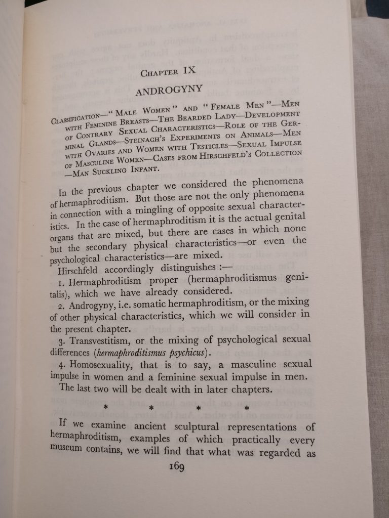 First page of a chapter on ‘Androgyny’, divided into the following sections: Classification, “Male women” and “female men”, Men with feminine breasts, The bearded lady, Development of contrary sexual characteristics, Role of the germinal glands, Steinach’s experiments on animals, Men with ovaries and women with testicles, Sexual impulse of masculine women, Cases from Hirschfeld’s collection, Man suckling infant.
