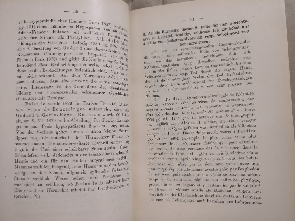 This page describes the suicide case of one Alexina B. – the text is in German with an extract in French from a different publication.