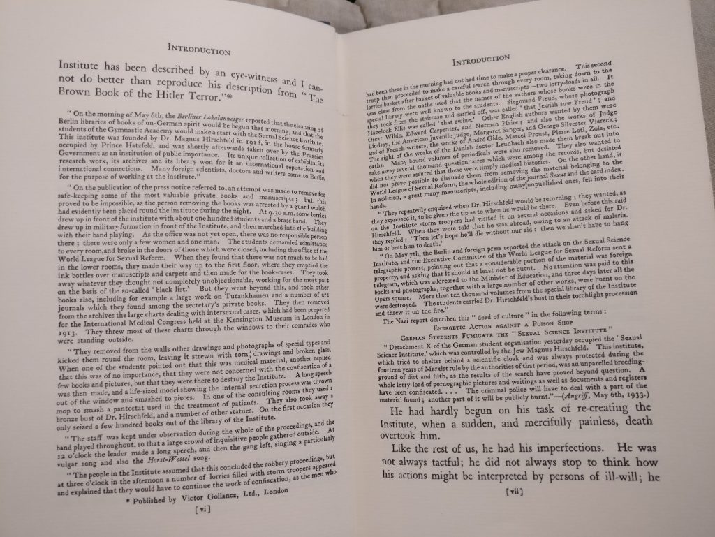 Double-page spread beginning with the text ‘…Institute has been described by an eye-witness and I cannot do better than reproduce his description from “The Brown Book of the Hitler Terror.”*’ The eyewitness account follows, printed in very small text.
